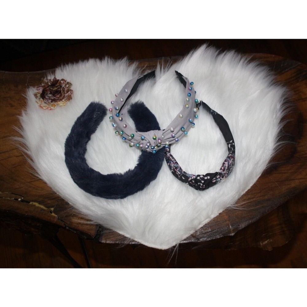 Lot of 3 Women's Teen's Girl's Headbands Black Floral Blue Fur Gray Pearls GUC